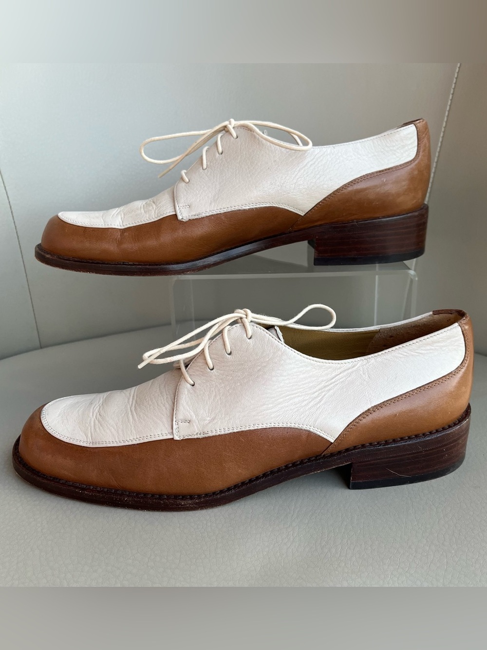 VTG Mezlan Two-Tone Leather Oxford Shoes Lace Up Loafers 7M Brown White
